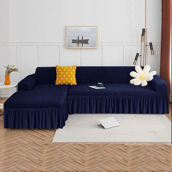 L-Shape Bubble Sofa Cover – Blue (Premium Stretch Fit)